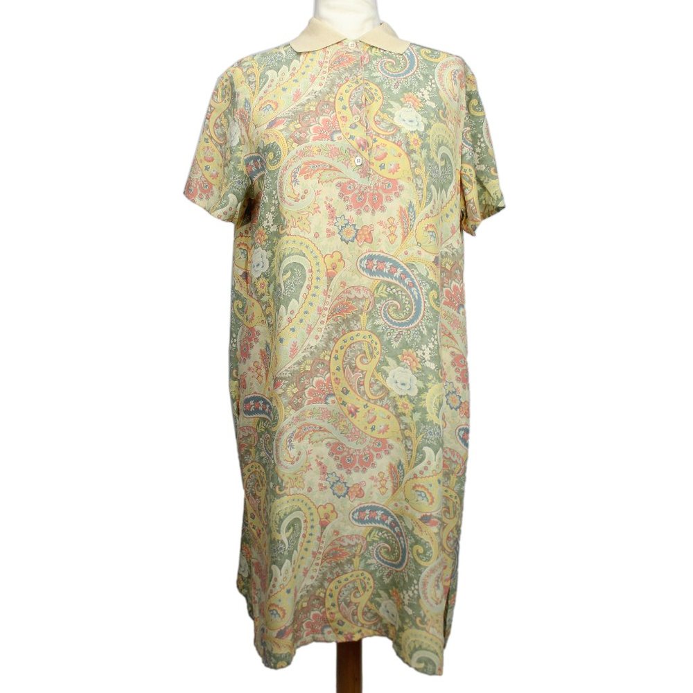 VTG Etro Milano Muted Pastels Paisley Print Silk Polo Shirt Style Shift Dress 46